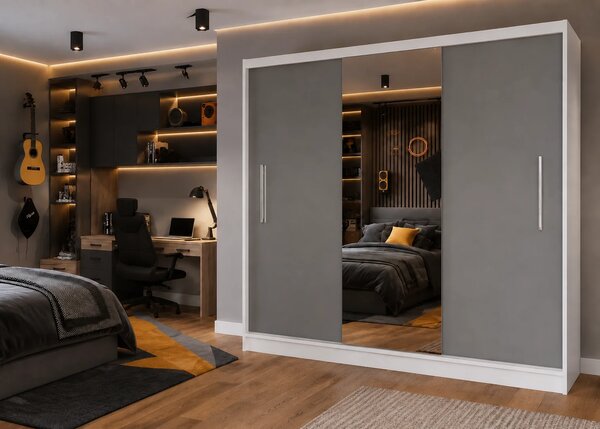 Šatní skříň s posuvnými dveřmi 232 cm se zrcadlem šedá matná MES