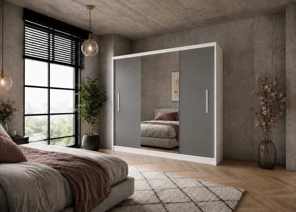 Šatní skříň s posuvnými dveřmi 232 cm se zrcadlem šedá matná MES
