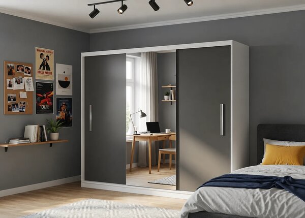 Šatní skříň s posuvnými dveřmi 232 cm se zrcadlem černá eben tmavá MES