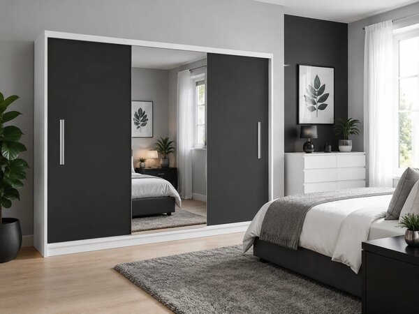 Šatní skříň s posuvnými dveřmi 232 cm se zrcadlem černá eben tmavá MES