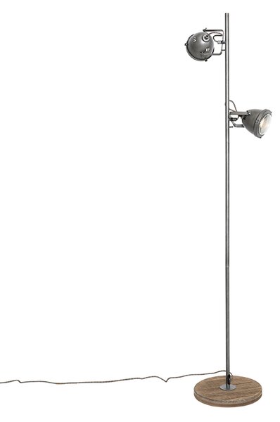 Průmyslová stojací lampa ocel s dřevem 2-světlo - Emado