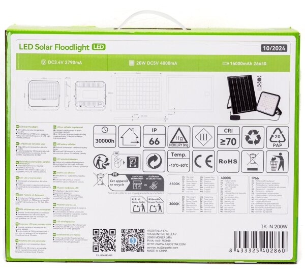 Aigostar - LED Stmívatelný solární reflektor LED/200W/3,4V IP66 + DO
