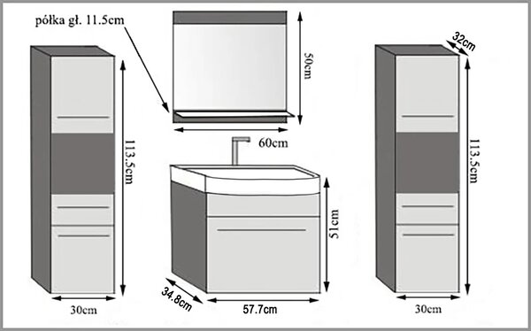 Koupelnový nábytek skříňky s umyvadlem a zrcadlem bílá matná ROD PRIMO M 6/0/W/W/0/ZINC