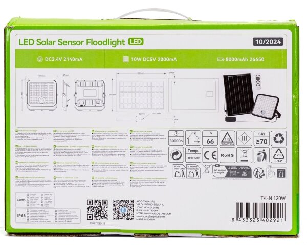 Aigostar - LED Stmívatelný solární reflektor se senzorem LED/120W/3,4V IP66 + DO