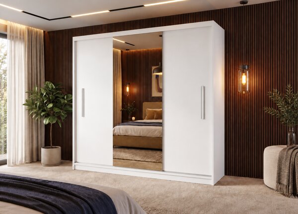 Šatní skříň s posuvnými dveřmi 200 cm PRIMO se zrcadlem bílá matná MES