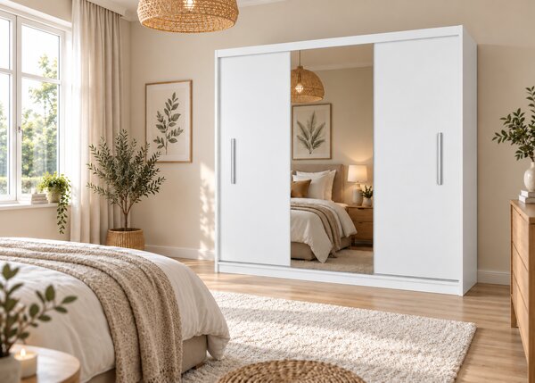 Šatní skříň s posuvnými dveřmi 200 cm PRIMO se zrcadlem bílá matná MES