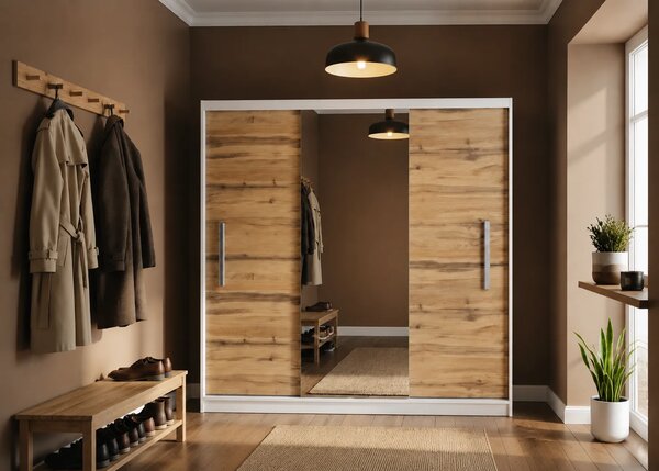 Šatní skříň s posuvnými dveřmi 200 cm PRIMO se zrcadlem dubová dub wotan dub sonoma MES