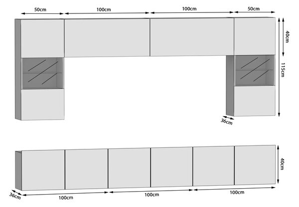 Obývací stěna 300 cm TV/RTV šedý lesk