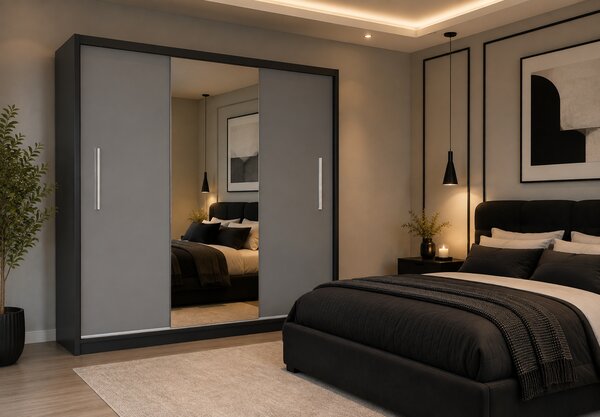 Šatní skříň s posuvnými dveřmi 200 cm PRIMO se zrcadlem šedá matná MES