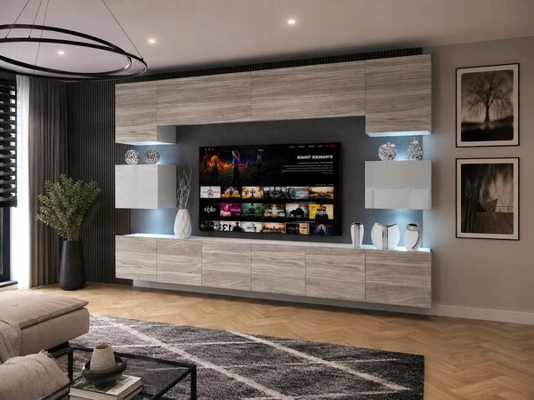 Obývací stěna 300 cm Belini šedý antracit Glamour Wood / bílý lesk Imperium 3