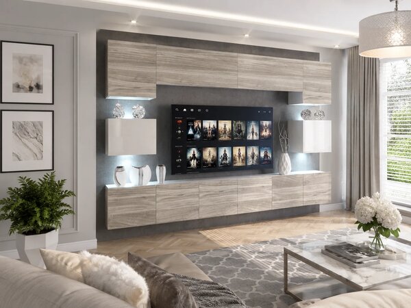 Obývací stěna 300 cm Belini šedý antracit Glamour Wood / bílý lesk Imperium 3