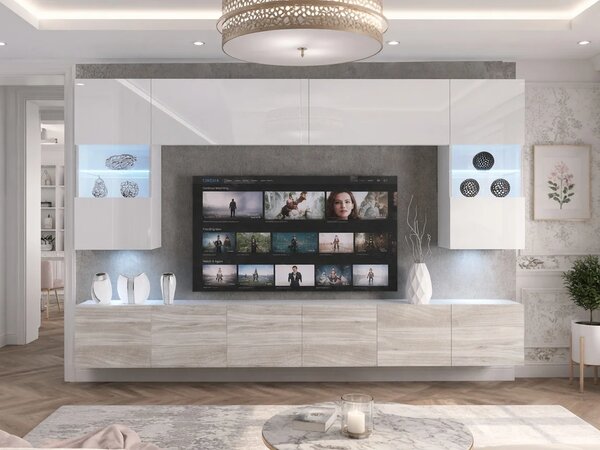 Obývací stěna 300 cm Belini bílý lesk / šedý antracit Glamour Wood Imperium 1