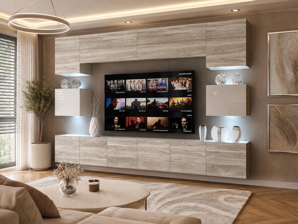 Obývací stěna 300 cm Belini šedý antracit Glamour Wood / bílý lesk Imperium 3