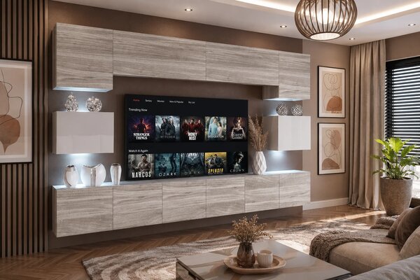 Obývací stěna 300 cm Belini šedý antracit Glamour Wood / bílý lesk Imperium 3