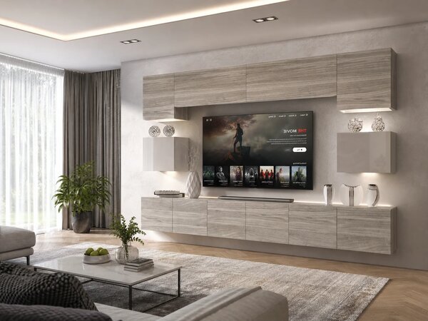 Obývací stěna 300 cm Belini šedý antracit Glamour Wood / bílý lesk Imperium 3