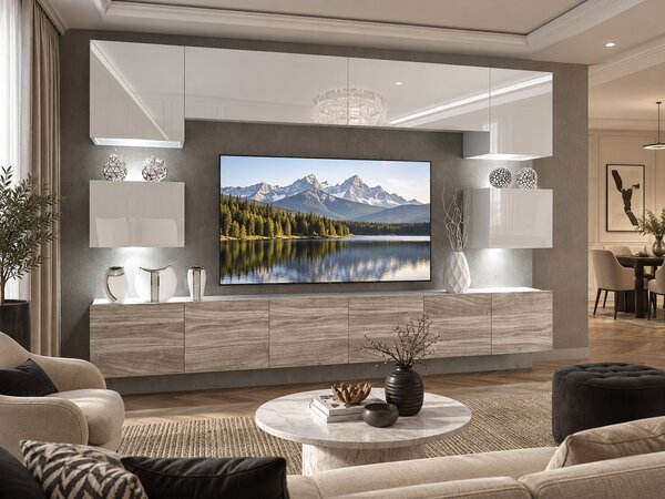 Obývací stěna 300 cm Belini bílý lesk / šedý antracit Glamour Wood Imperium 3