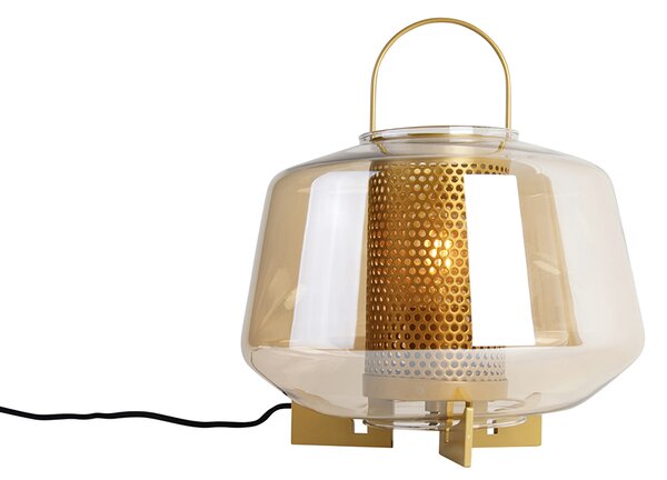 Stolní lampa v art deco stylu zlatá s jantarovým sklem 30 cm - Kevin