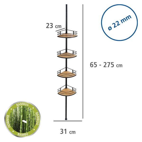 Teleskopická sprchová police DOLCEDO, z bambusu a nerezové oceli, 31 x 65-275 x 23 cm, černá, Wenko
