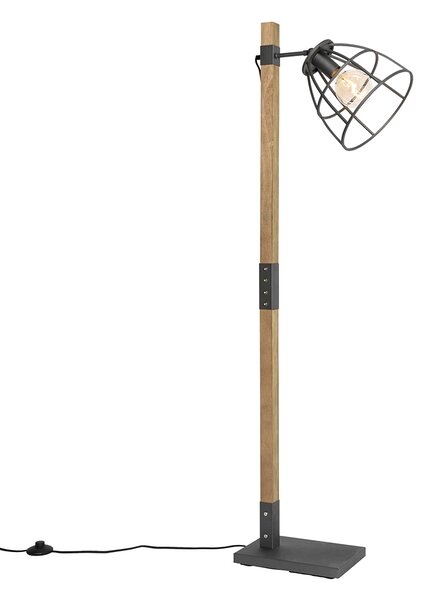 Průmyslová stojací lampa tmavě šedá se dřevem - Arthur