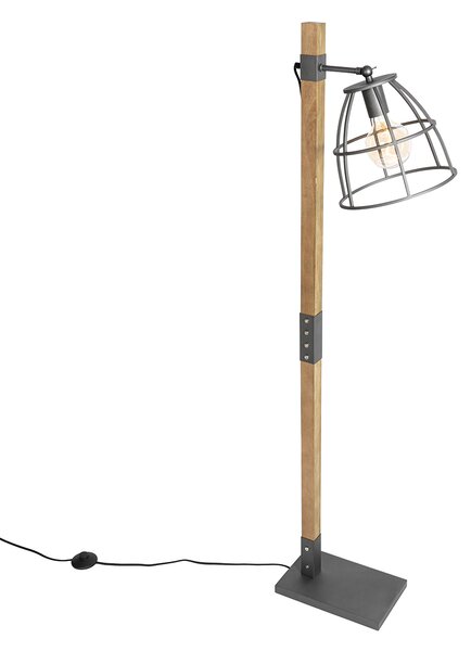 Průmyslová stojací lampa tmavě šedá se dřevem - Arthur