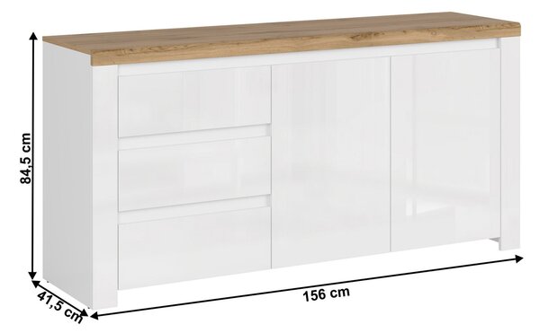 Komoda Ralano (vysoký lesk bílý + dub artisan)