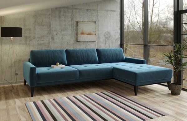 Modrá sametová rohová pohovka MESONICA Musso Tufted, pravá, 248 cm