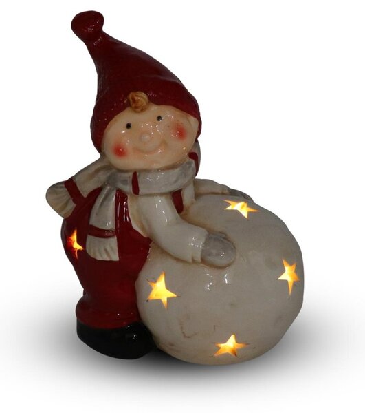 LED svícen Chlapec se sněhovou koulí 15 cm