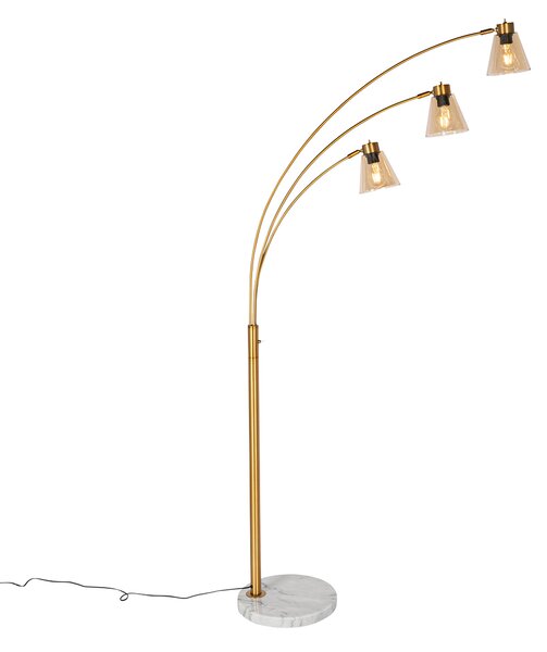 Oblouková lampa bronzová s mramorem a jantarovým sklem 3-světlo - Nina