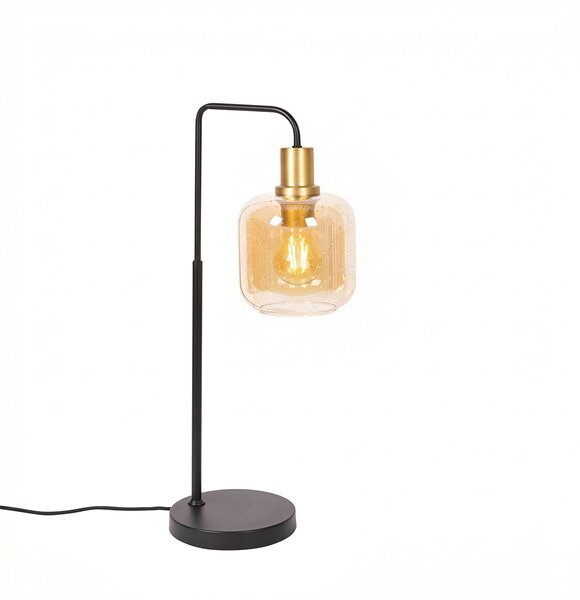 Designová stolní lampa černá s mosazí a jantarovým sklem - Zuzanna