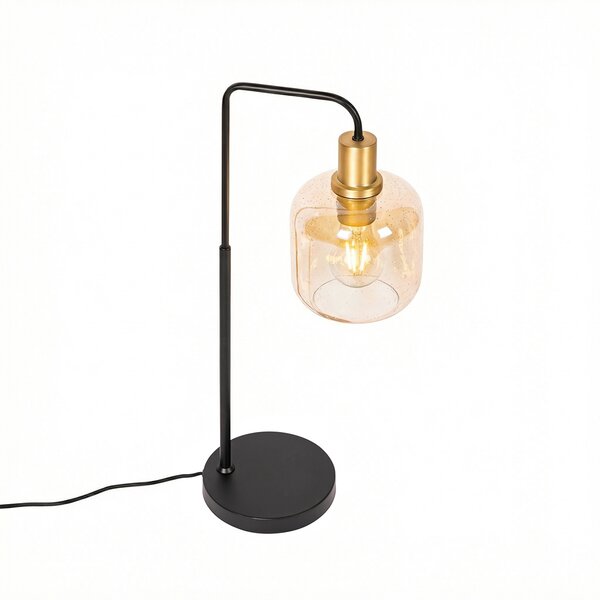 Designová stolní lampa černá s mosazí a jantarovým sklem - Zuzanna