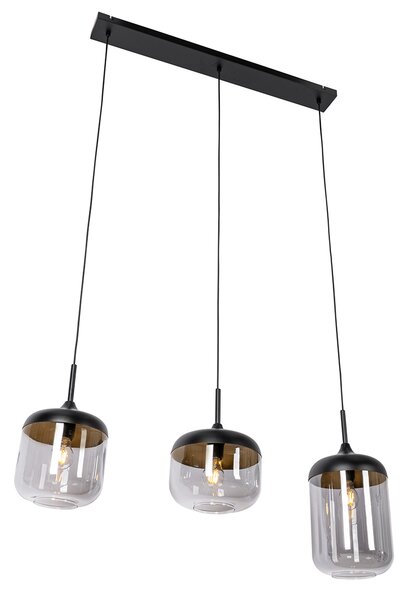 Designové závěsné svítidlo černé se zlatem a kouřovým sklem 3-světlo - Kyan