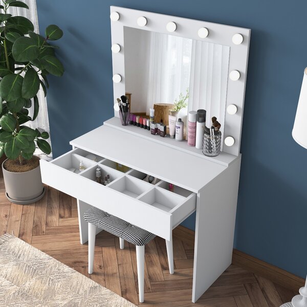 Kalune Design Minimalistický toaletní stolek Alisson III s LED zrcadlem a taburetem bílý