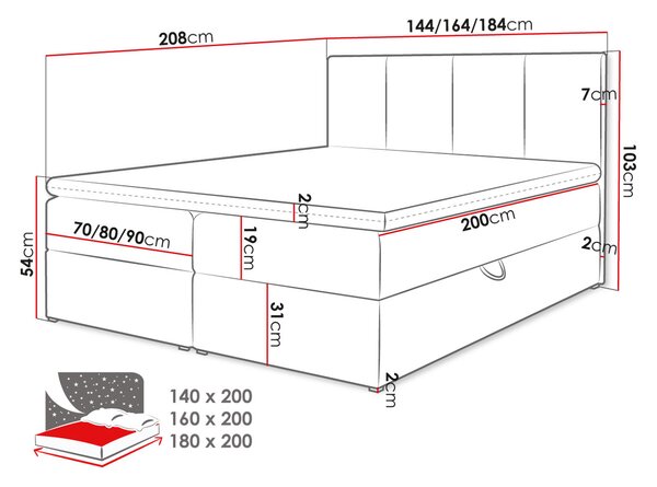Boxspringová postel 140x200 CARMELA - šedá + topper ZDARMA