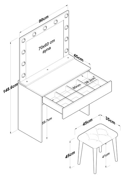 Kalune Design Minimalistický toaletní stolek Alisson III s LED zrcadlem a taburetem bílý