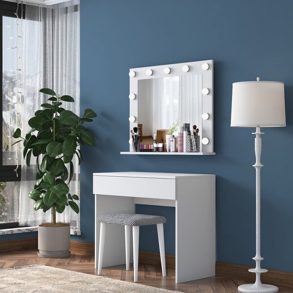 Kalune Design Minimalistický toaletní stolek Alisson III s LED zrcadlem a taburetem bílý