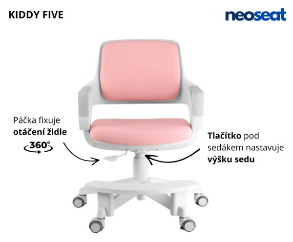 Dětská rostoucí židle Neoseat KIDDY FIVE — látka, pratelný potah, růžová