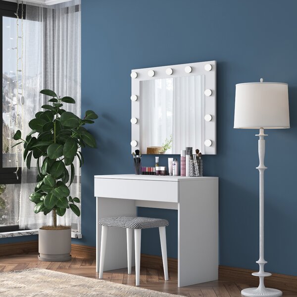 Kalune Design Minimalistický toaletní stolek Alisson III s LED zrcadlem a taburetem bílý