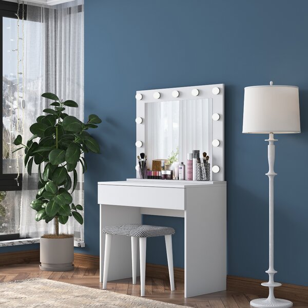 Kalune Design Minimalistický toaletní stolek Alisson III s LED zrcadlem a taburetem bílý