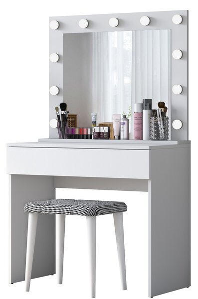 Kalune Design Minimalistický toaletní stolek Alisson III s LED zrcadlem a taburetem bílý