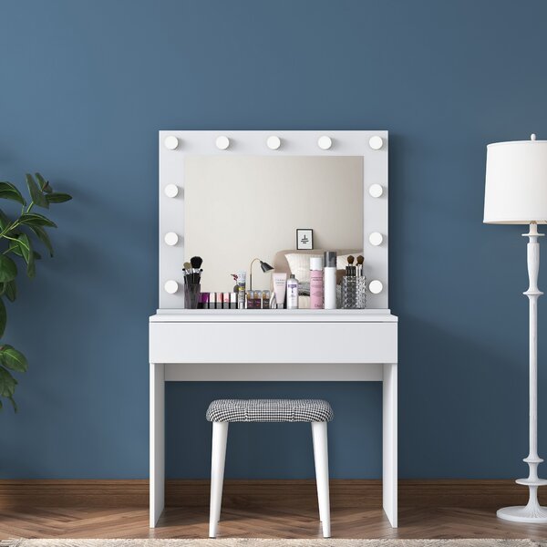 Kalune Design Minimalistický toaletní stolek Alisson III s LED zrcadlem a taburetem bílý