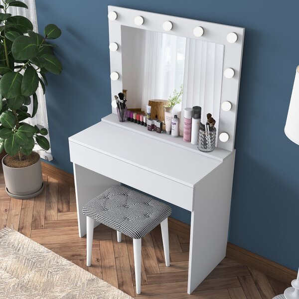Kalune Design Minimalistický toaletní stolek Alisson III s LED zrcadlem a taburetem bílý