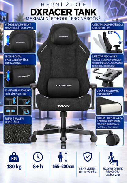 Herní židle DXRacer TANK černá, látková