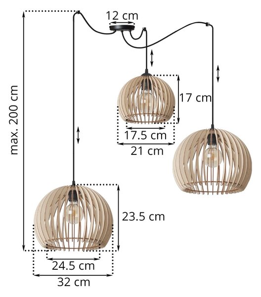 Závěsné svítidlo Timber Spider 6, 3x dřevěné stínítko