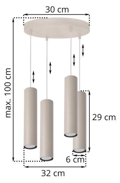 Závěsné svítidlo Tuba, 4x béžové kovové stínítko