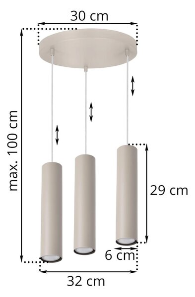 Závěsné svítidlo Tuba, 3x béžové kovové stínítko