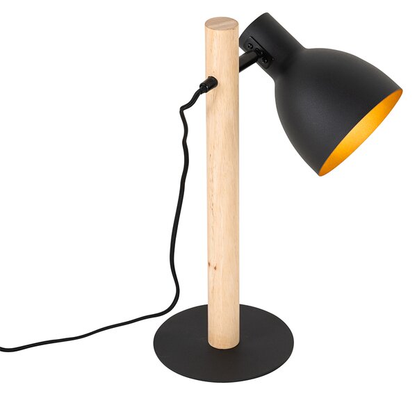Rustikální stolní lampa černá se dřevem - Flint