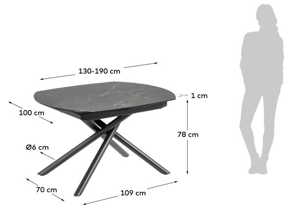 Černý mramorový rozkládací jídelní stůl Kave Home Yodalia 130/190 x 100 cm