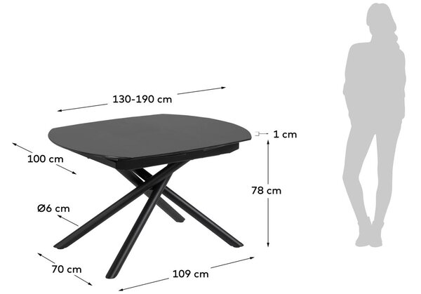 Černý skleněný rozkládací jídelní stůl Kave Home Yodalia 130/190 x 100 cm