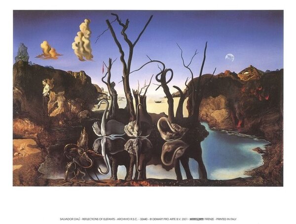 Umělecký tisk Labutě odrážející slony, 1937, Salvador Dalí, (80 x 60 cm)