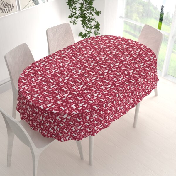 Biante Sametový oválný ubrus Tamara TMR-045 Vánoční jeleni a stromky na červeném 50x100 cm